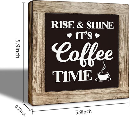 Coffee Bar Decor, Farmhouse Coffee Tiered Tray Decor, Rustic Funny Wooden Box Sign Block Plaque for Wall Tabletop Desk Bar Accessories 5.9×5.9 inch