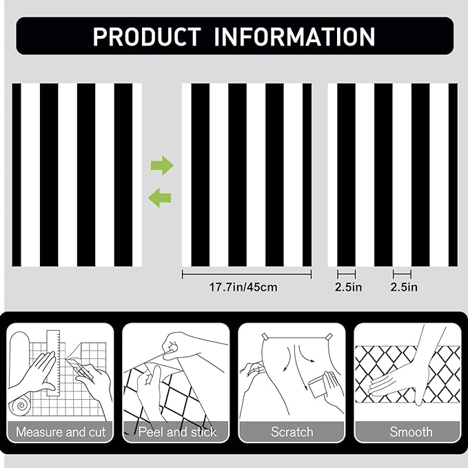 Black and White Striped Peel and Stick Wallpaper Self-Adhesive Removable Waterproof Wallpaper Wall Covering Cabinets Shelves Decorative A Set of 17.3