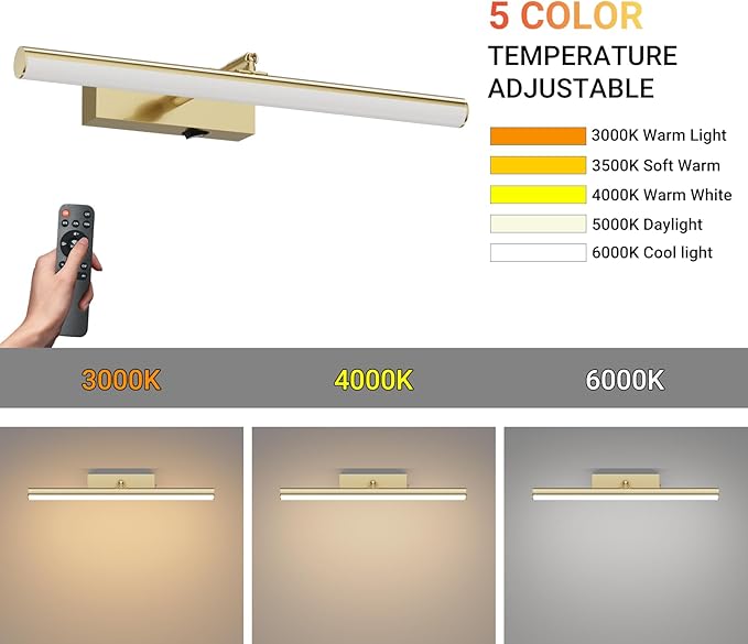 Tipace Dimmable Cordless Picture Light with Controller and Timer, Rechargeable 10000mAh Battery Wall Sconce for Wall Pictures, Gallery Artwork, Paintings, Portraits, Dartboards (Gold)
