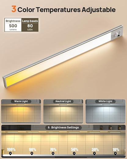 16inch Under Cabinet Lights, LED Motion Sensor Light Indoor, 4000mAh Rechargeable Closet Light with Remote, 3 Color Temps, Magnetic, Wireless Under Counter Lights for Kitchen, Stairs, Pantry, 4 Pack