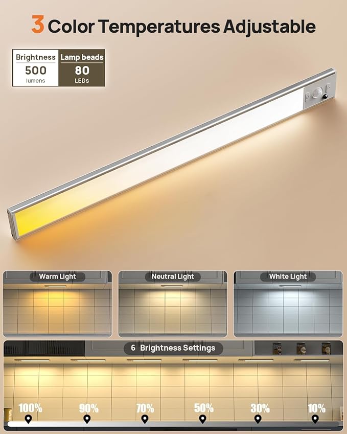 16inch Under Cabinet Lights, LED Motion Sensor Light Indoor, 4000mAh Rechargeable Closet Light with Remote, 3 Color Temps, Magnetic, Wireless Under Counter Lights for Kitchen, Stairs, Pantry, 4 Pack