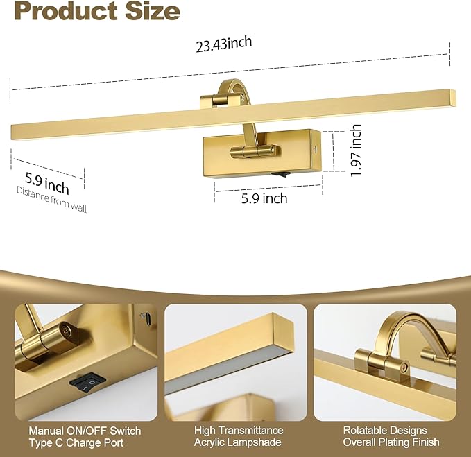 Wireless Picture Lights for Wall,23.5 Inch Brass Art Light for Paintings,Battery Operated Picture Lights with Remote Control,Dimmable Rechargeable Art Lamps for Picture Frame,Gallery