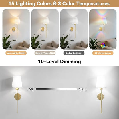 24 inch Battery Operated Wall Sconces Set of 2, Wireless Wall Lights with Rechargeable Bulbs & Remote, 15 Colors & Dimmable, Battery Powered Wall Lights for Bedroom, Living Room, Hallway