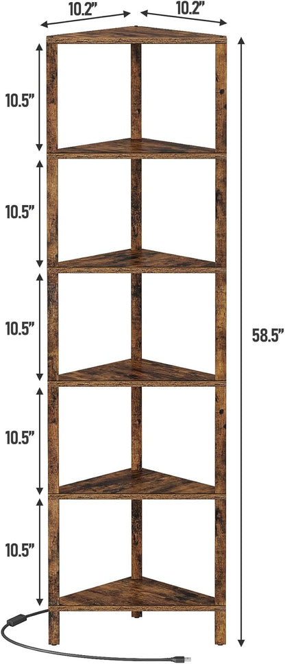 TUTOTAK Corner Shelf with LED Light, 6-Tier Corner Bookshelf for Small Space, Narrow Display Corner Shelf Stand with Storage Rack, for Living Room, Bedroom, Brown BS05BC006L