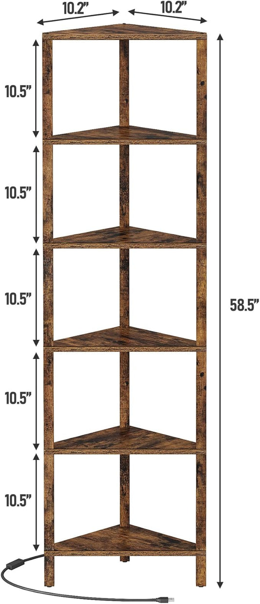 TUTOTAK Corner Shelf with LED Light, 6-Tier Corner Bookshelf for Small Space, Narrow Display Corner Shelf Stand with Storage Rack, for Living Room, Bedroom, Brown BS05BC006L