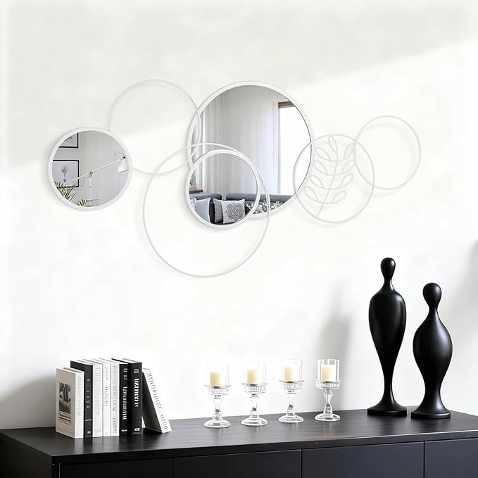 4 Pack White Mirror Set, Wall Mounted Circle Metal Framed Mirror Round Decorative Modern Mirrors for Living Room Bedroom Entryway Decor 16x32 Inch