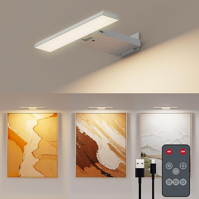 Picture Lights for Wall, 6000mAh Rechargeable Battery Wall Sconce with Remote & Timer, 3-Way Dimmable Art Lighting for Picture, Poster, Paintings, Gallery Artwork Wall Decor