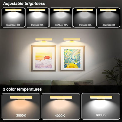 6Pack Wireless Picture Light with Remote,Battery Operated Wall Sconces for Wall Decor,3 Color Timer&Dimmable Paintings Light LED Art Display Lamp Picture Frame Light for Artwork Posters Gallery-Gold