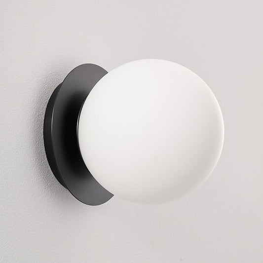 Modern Globe Black Wall Sconce: 6" Black Mid Century Modern Indoor Wall Mounted Lamps - Small Minimalist White Glass Bathroom Sconces - Ball Vanity Light for Bedroom Living Room Hallway Entryway Stair