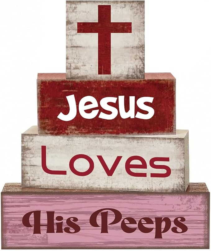 4 Pcs Christian Jesus Decorations for Home Religious Tiered Tray Decor Jesus Loves His Peeps Sign Rustic Farmhouse Decor for Home Office Kitchen Shelf Tabletop Centerpieces