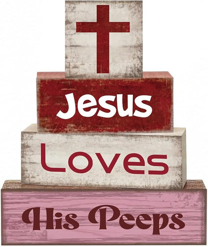 4 Pcs Christian Jesus Decorations for Home Religious Tiered Tray Decor Jesus Loves His Peeps Sign Rustic Farmhouse Decor for Home Office Kitchen Shelf Tabletop Centerpieces