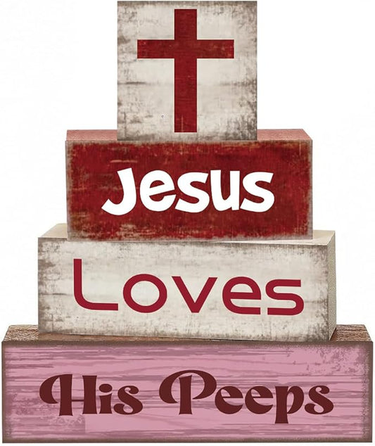 4 Pcs Christian Jesus Decorations for Home Religious Tiered Tray Decor Jesus Loves His Peeps Sign Rustic Farmhouse Decor for Home Office Kitchen Shelf Tabletop Centerpieces