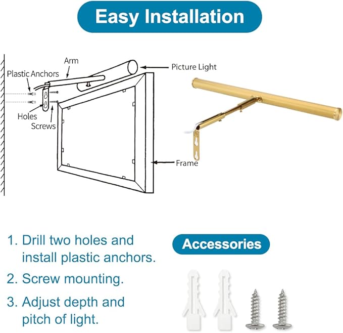 LED Picture Lights for Paintings Plug in, Adjustable Art Light Gallery Wall Light for Display Art Work, 16inch 6W 3000K Warm White, Gold Finish CRI80+