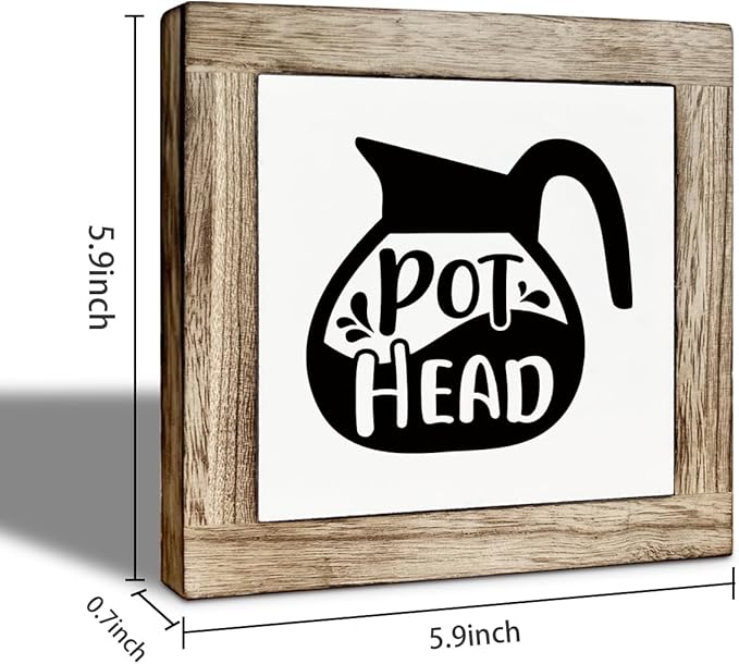 Coffee Bar Wooden Sign, Pot Head Decoration, Farmhouse Cafe Wood Sign, Square Wood Block Signs Table Decor for Coffee Bar Corner Shop Kitchen Dining Room, Funny Cafe Decor