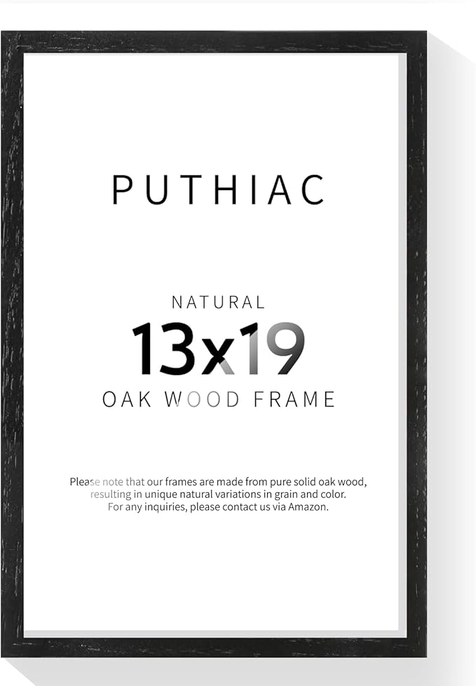 puthiac 13x19 Solid Oak Wood Picture Frame, Fits 11x17 with Mat or 13x19 Without Mat, Wall Display Only, Vertical or Horizontal, Plexi Front, 1 Pack, Black