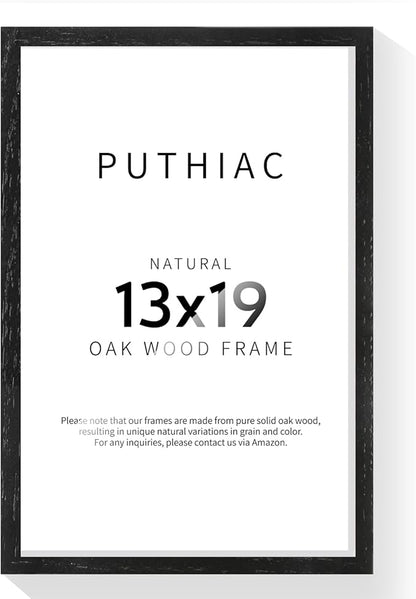 puthiac 13x19 Solid Oak Wood Picture Frame, Fits 11x17 with Mat or 13x19 Without Mat, Wall Display Only, Vertical or Horizontal, Plexi Front, 1 Pack, Black