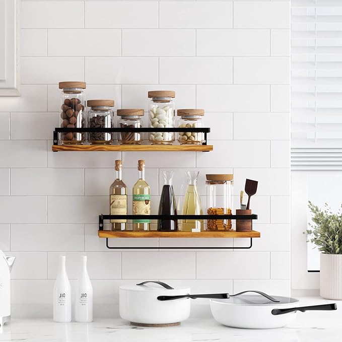 Floating Shelves for Wall, Bathroom Shelves with Towel Bar, Wall Mounted Storage Shelves for Kitchen, Bathroom, Set of 2 Carbonized Black