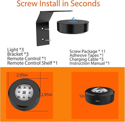 3Pcs Picture Lights for Wall, 16 Lighting Modes Magnetic Art Display Light for Paintings with Remote Control Dimmable & Timer, Wireless Wall Decor Puck Light, Black