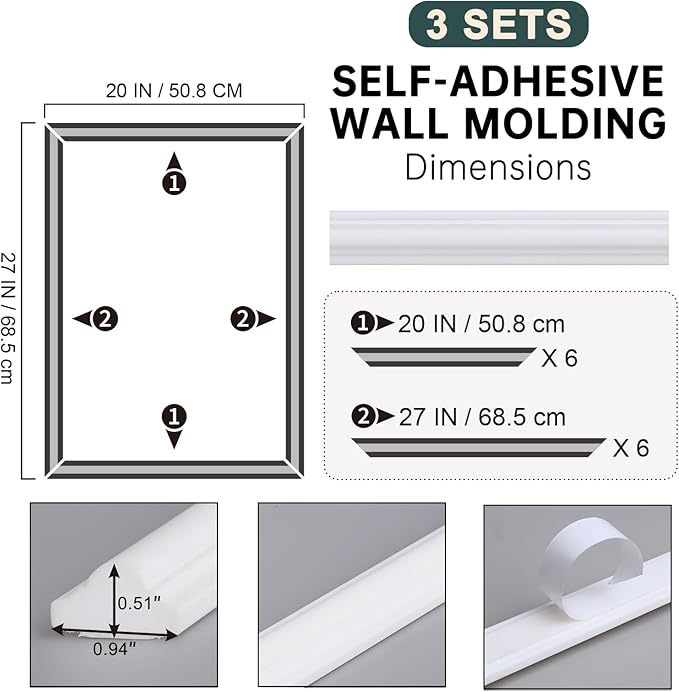 Melkus Peel and Stick Wall Molding Kit, 3 Sets 20"x27" Precut Wainscoting Panels, Self Adhesive Molding Trims for Interior Wall Décor