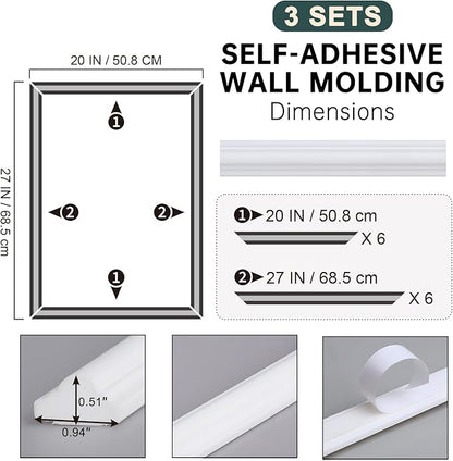 Melkus Peel and Stick Wall Molding Kit, 3 Sets 20"x27" Precut Wainscoting Panels, Self Adhesive Molding Trims for Interior Wall Décor