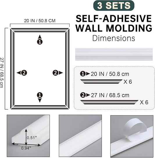 Melkus Peel and Stick Wall Molding Kit, 3 Sets 20"x27" Precut Wainscoting Panels, Self Adhesive Molding Trims for Interior Wall Décor