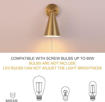 MWZ Gold Wall Sconces Set of Two Plug in,Brass Modern Dimmable Sconces Adjustable Angle Lights with Metal Shade and Dimmer On/Off Rotary Switch, Wall Mounted Light for Bedroom Bedside Stairway