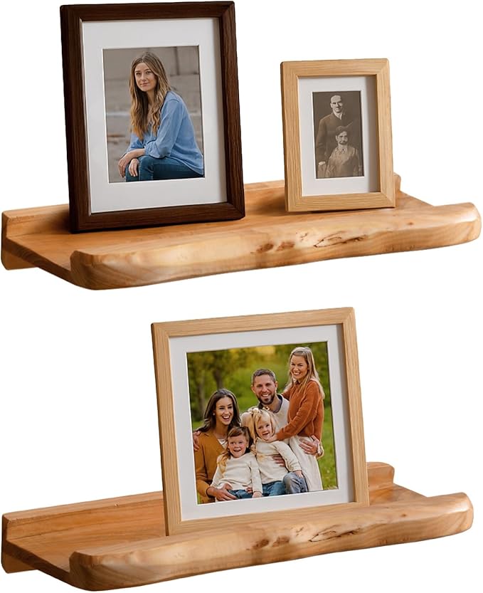 Ceder Wood Live Edge Picture Ledge Shelf Set of 2 - Handmade Natural Cedar Root, Floating Wall Shelves for Frames (16")