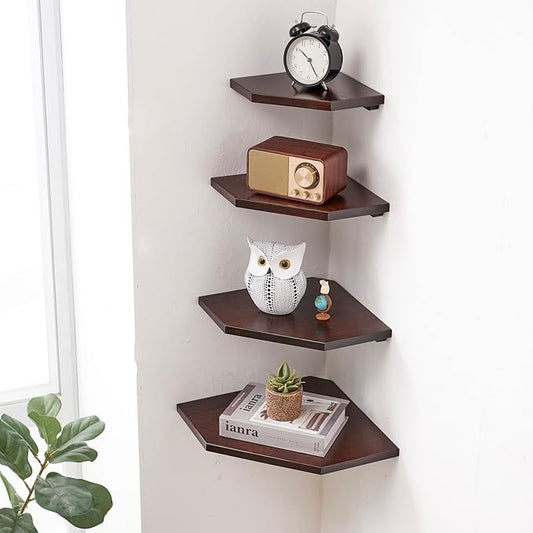 Corner Wall Shelf, Solid Oak Wood White Floating Corner Shelf Organizer with Wire Hole Small Plant Display for Kitchen Bedroom, Dark Walnut