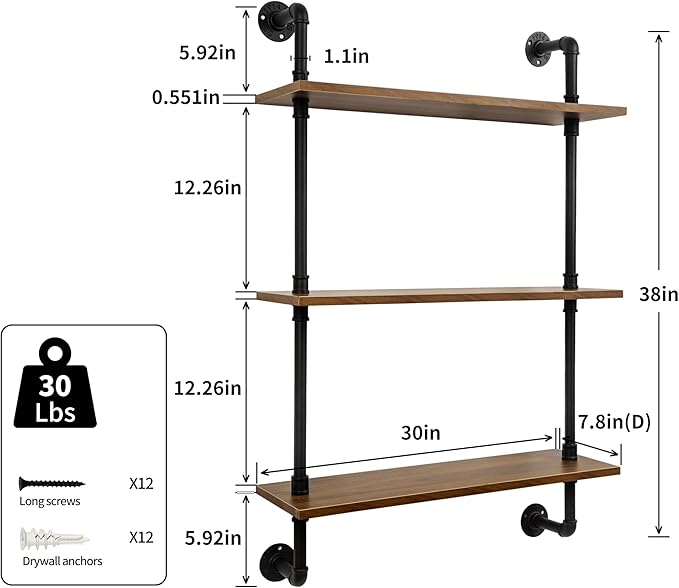 3-Tier Industrial Pipe Floating Shelf – Rustic 30 inch Wood Wall-Mounted Storage Shelf for Kitchen Office,Bathroom & Home Decor -Walnut