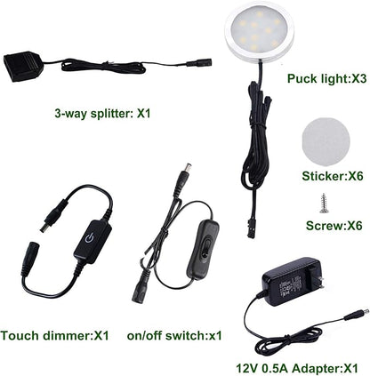 AIBOO Under Cabinet LED Puck Lighting Kit Black Cord with Touch Dimmer Switch for Kitchen Showcase Cupboard Closet Lighting 3 Lights 6W (Daylight White)