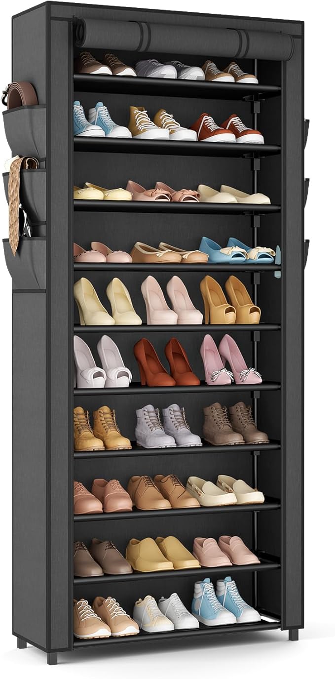 VTRIN Vertical Narrow Shoe Rack Organizer Tall Shoe Rack for Closet Entryway 10 Tier Non-Woven Cover Shoe Shelf Holds 36-41 Pairs Free Standing Shoe Storage Cabinet with Dustproof Cover, Black