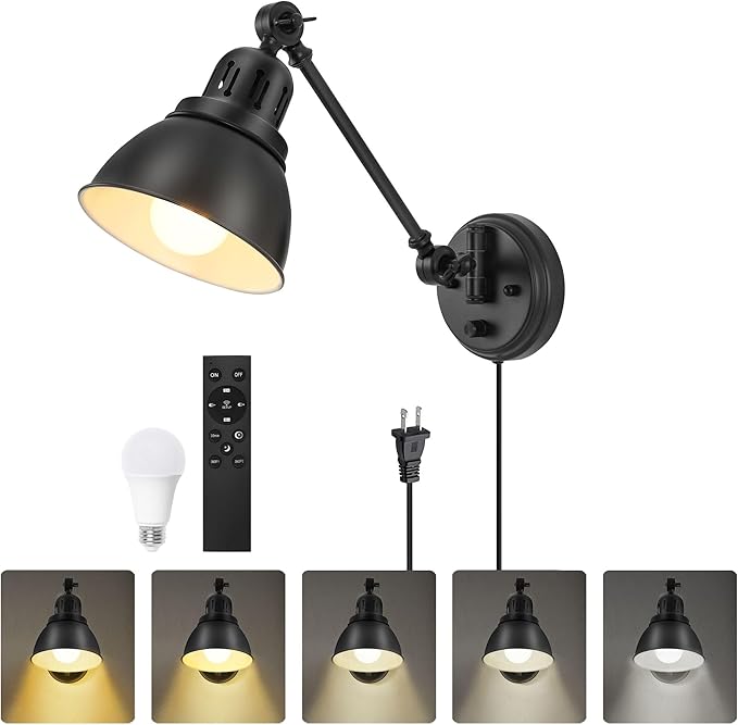1 Pack Plug in Wall Sconce with Remote Control, Stepless Dimming & Stepless Colors 2700K-6500K, Plug in Wall Light, Swing Arm Wall Lamp with Night Light & Timer, LED Bulb Included