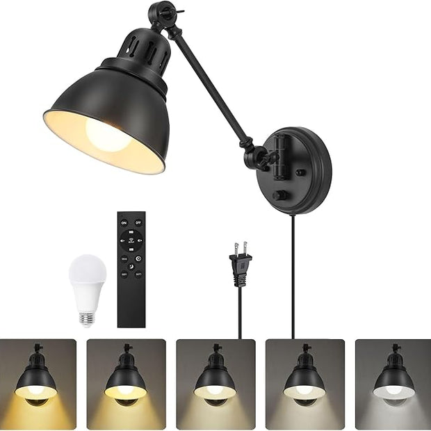 1 Pack Plug in Wall Sconce with Remote Control, Stepless Dimming & Stepless Colors 2700K-6500K, Plug in Wall Light, Swing Arm Wall Lamp with Night Light & Timer, LED Bulb Included