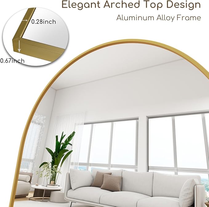 Arched Full Length Mirror, 64 "x 21" Floor Length Mirror with Stand, Wall Mounted Mirrors, Standing Mirrors with Aluminum Alloy Frame, Freestanding, Wall-Mounted or Leaning(Gold)