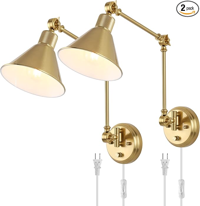 TRLIFE Wall Sconces Plug in, Dimmable Wall Sconces Brushed Brass Swing Arm Wall Lights Plug in Wall Mounted Light Industrial Wall Lights with 6FT Plug in Cord, E26 Base, UL Listed(2 Pack, 2 Bulbs)