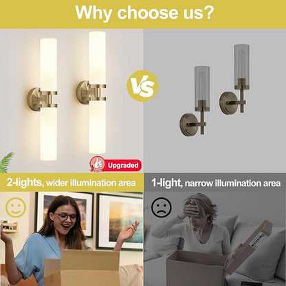 Wall Sconces Set of Two, Brass Bathroom Sconces Wall Lighting with Milky White Glass, Modern Sconces Wall Decor Set of 2 Bathroom Light fixtures for Mirror Living Room Hallway Bedroom
