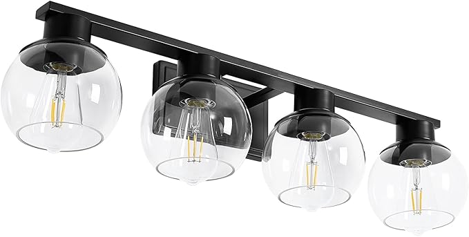 PAZALA 4-Lights Bathroom Vanity Light, Modern Bathroom Lighting Fixtures with Globe Glass Shade, 30in Matte Black Wall Sconce for Bath Over Mirror Kitchen Cabinet Bedroom Hallway Farmhouse, E26 Base