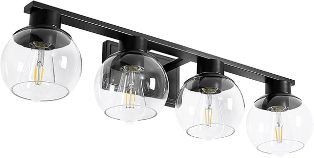 PAZALA 4-Lights Bathroom Vanity Light, Modern Bathroom Lighting Fixtures with Globe Glass Shade, 30in Matte Black Wall Sconce for Bath Over Mirror Kitchen Cabinet Bedroom Hallway Farmhouse, E26 Base