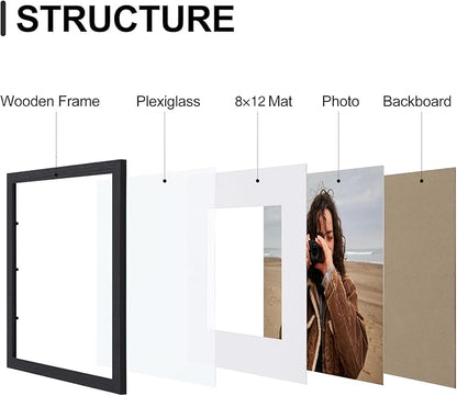 Vittanly 11x17 Picture Frames Set of 9, Shatter Resistant Plexiglass, Display 8x12 Pictures with Mat or 11x17 without Mat, Photo Frames for Wall Mount, Engineered Wood, Black