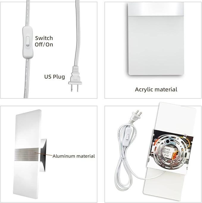 KICAAO Wall Sconces Set of Two, Modern Wall Sconce Plug in 10W 6000K Cool White Acrylic Wall Lights with 6FT/180cm Plug in Cord and On/Off Switch on The Cord