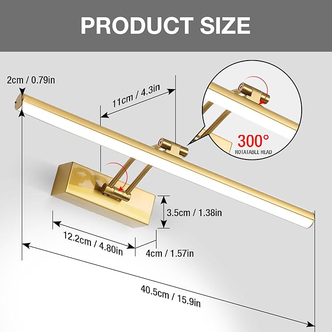 Picture Light,5200mAh Battery Picture Light with Remote, 16inches Metal Frame Light for Paintings, Rechargeable Display Wall Lamp for Gallery Portrait Artwork (Brass)