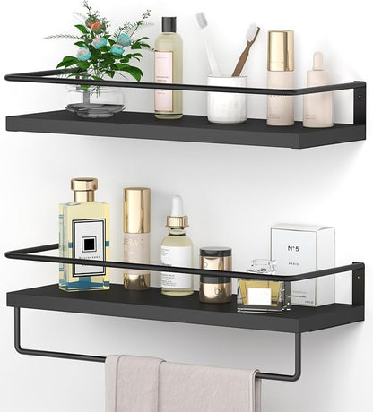 Onlysky Bathroom Floating Shelves Set of 2 with Towel bar (Black Black)