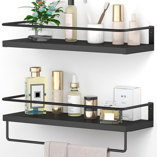 Onlysky Bathroom Floating Shelves Set of 2 with Towel bar (Black Black)
