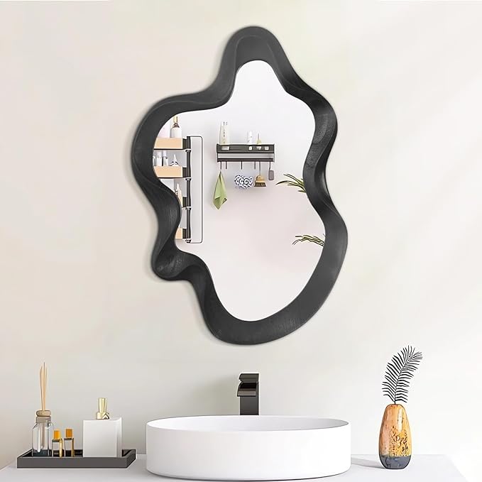Large Irregular Wavy Mirror Modern Cloud Wall Mirror Asymmetrical Wooden Framed Wall Mirror Wall Mounted Unique Shape Vanity Artistic Mirror Decor for Bedroom Living Room Bathroom Entryway