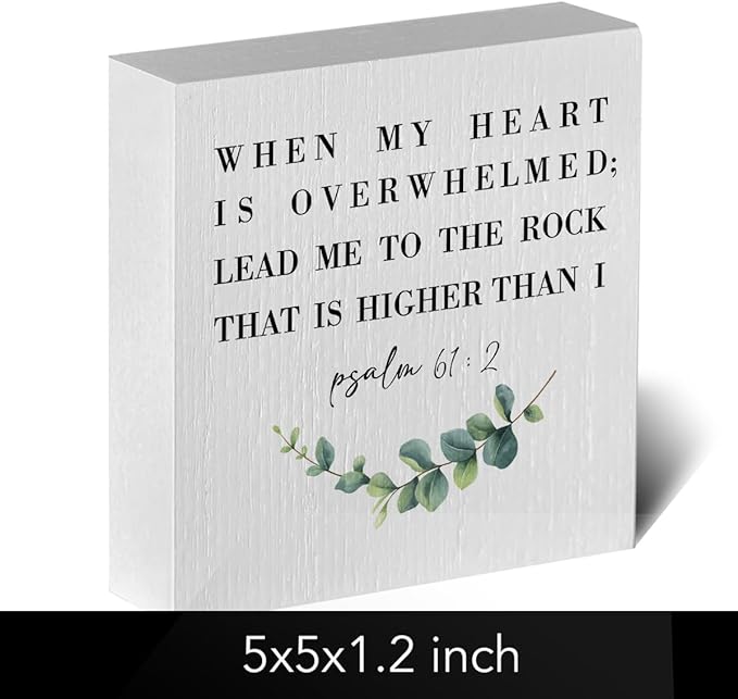 When My Heart Is Overwhelmed Bible Verse Artwork Wood Box Sign Rustic Farmhouse Style Psalm 61 : 2 Christian Wood Block Plaque 5 X 5 Inches Home Office Desk Sign Decor for Presents