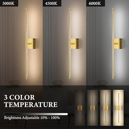 Wall Sconces Set of Two Battery Operated, Wireless USB Rechargeable Wall Lights with Remote, 8000mAh Dimmable LED 3 Color Dimmable Living Room for Bedroom,Hallway,Picture Lamp(30in Gold)