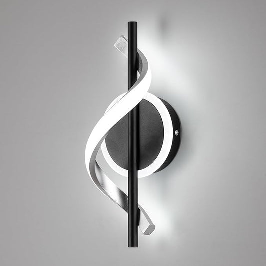 LED Wall Sconces Indoor, 12W LED Wall Mount Lights, Modern Spiral Wall Lamp, 6000K Cold Light Fixture for Stairs, Living Room, Bedroom, Aisle, Hallway (Cold White, Black)