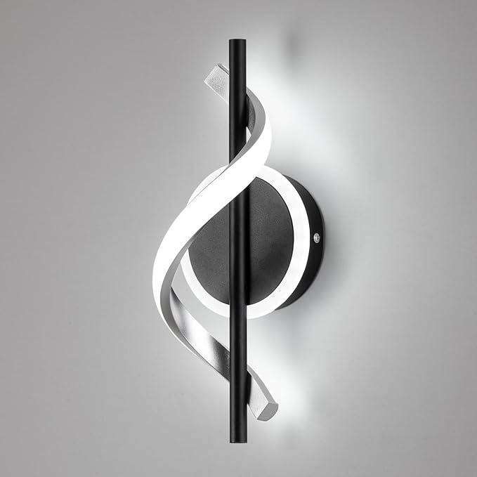 LED Wall Sconces Indoor, 12W LED Wall Mount Lights, Modern Spiral Wall Lamp, 6000K Cold Light Fixture for Stairs, Living Room, Bedroom, Aisle, Hallway (Cold White, Black)