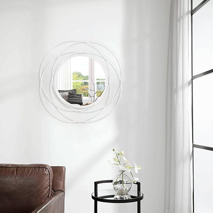 White Art Circle Mirror for Wall with Iron Metal Wire Frame Wall-Mounted Mirror for Home Decor Living Room Bedroom Bathroom Entryway Small 20” x 20”