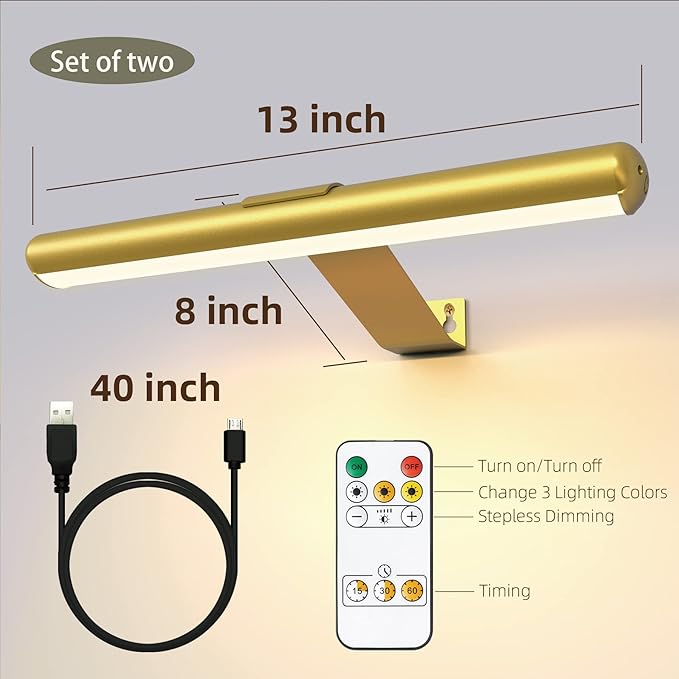2Pack Wireless Picture Lights Painting Lights with Remote,Gold Rechargeable Battery Picture Lights for Artwork Display Led Accent light Gallery Light Dartboard Light Full Metal Brightness Dimmable
